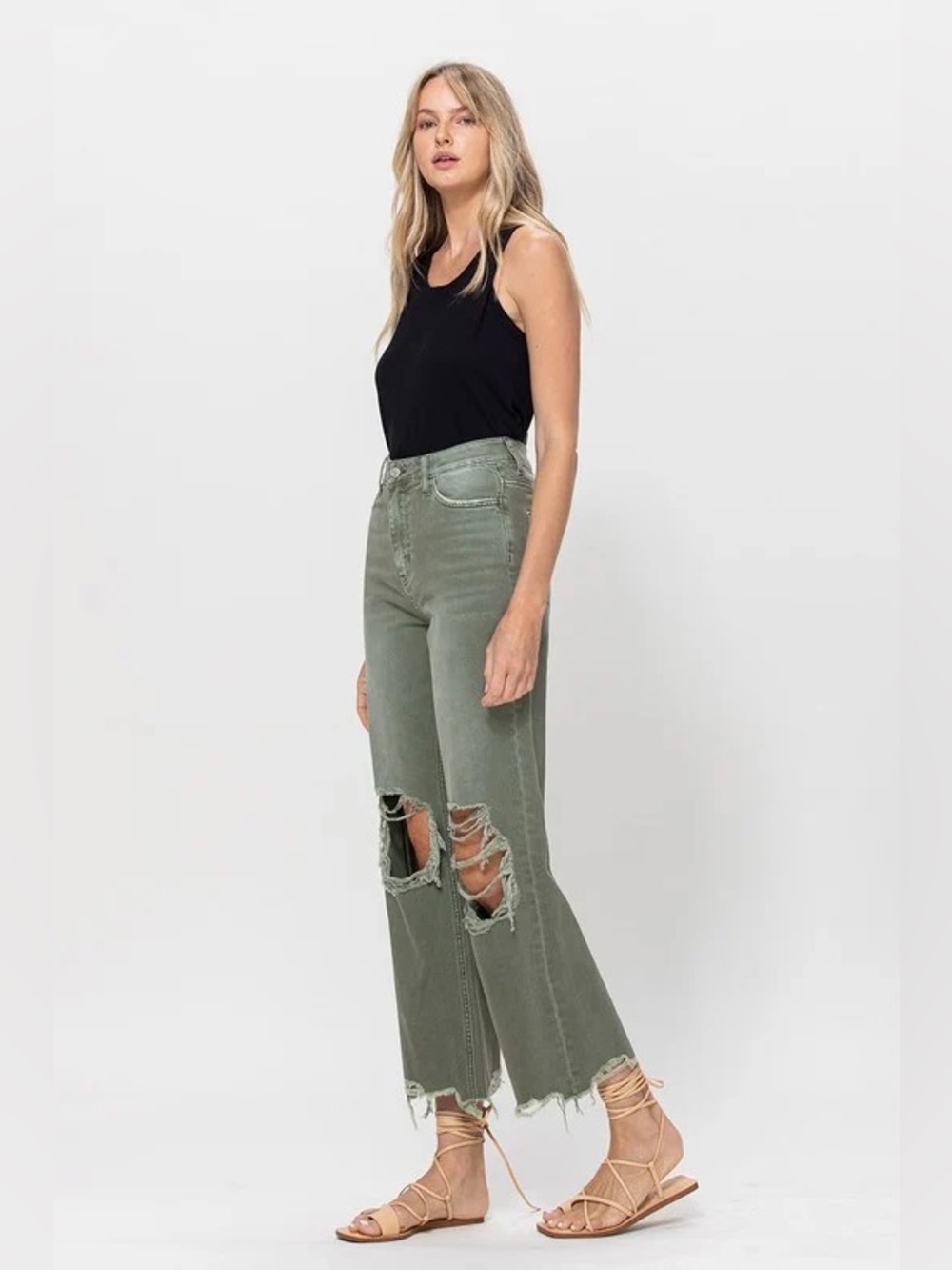 Vervet Vintage Crop Flare Distressed Jeans Army Green Size 30 NWT